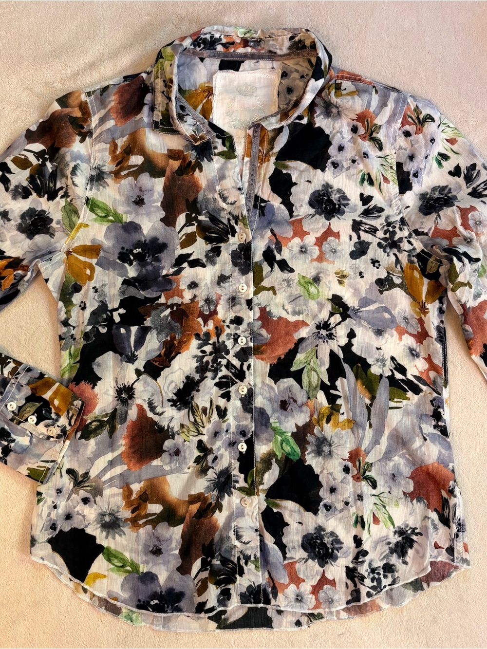 Cino Tuscan Floral Cotton Voile Lightweight Button-Down Shirt Sz M